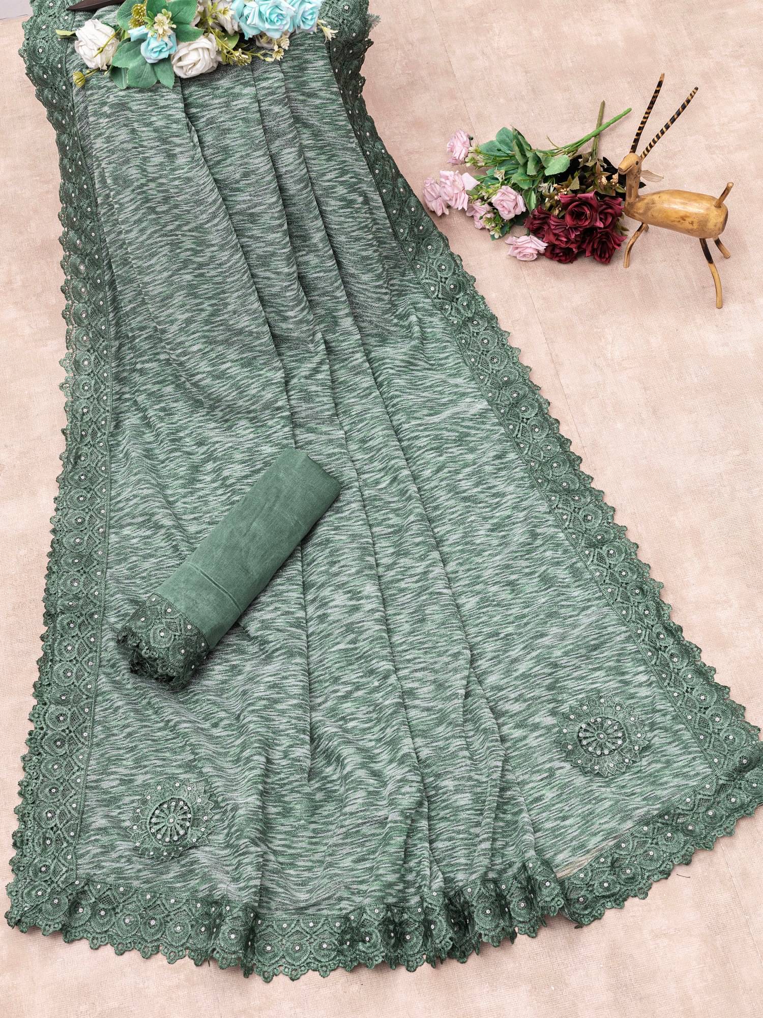 Aika Lycra Embellished Saree With Unstitched Blouse Piece ( Green ) Aika Lycra Embellished Saree With Unstitched Blouse Piece ( Green )