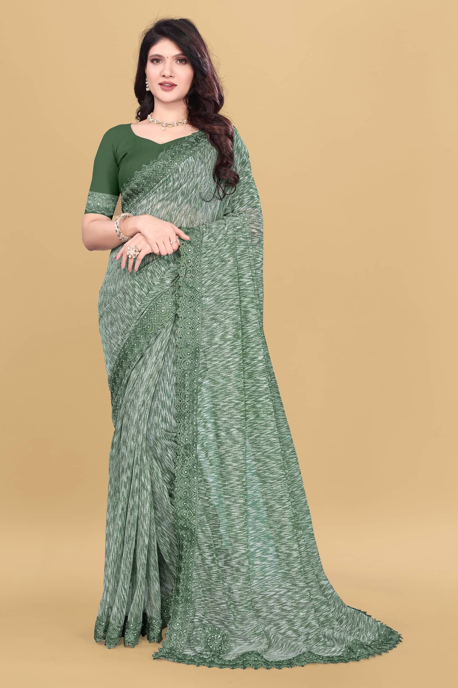 Aika Lycra Embellished Saree With Unstitched Blouse Piece ( Green ) Aika Lycra Embellished Saree With Unstitched Blouse Piece ( Green )