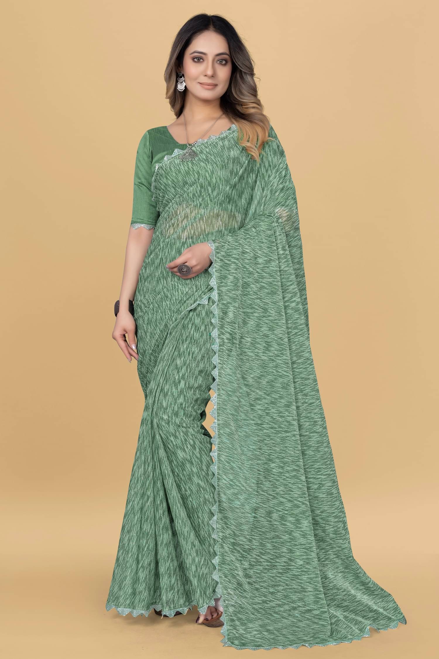 Aika Lycra Embellished Saree With Unstitched Blouse Piece ( Green ) Aika Lycra Embellished Saree With Unstitched Blouse Piece ( Green )