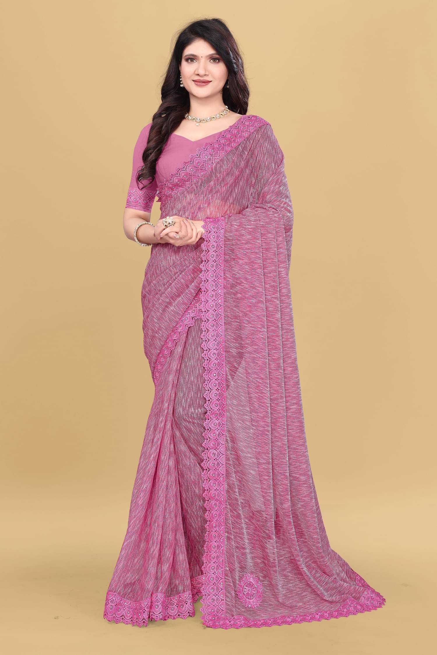     			Aika Lycra Embellished Saree With Unstitched Blouse Piece ( Rose Gold )