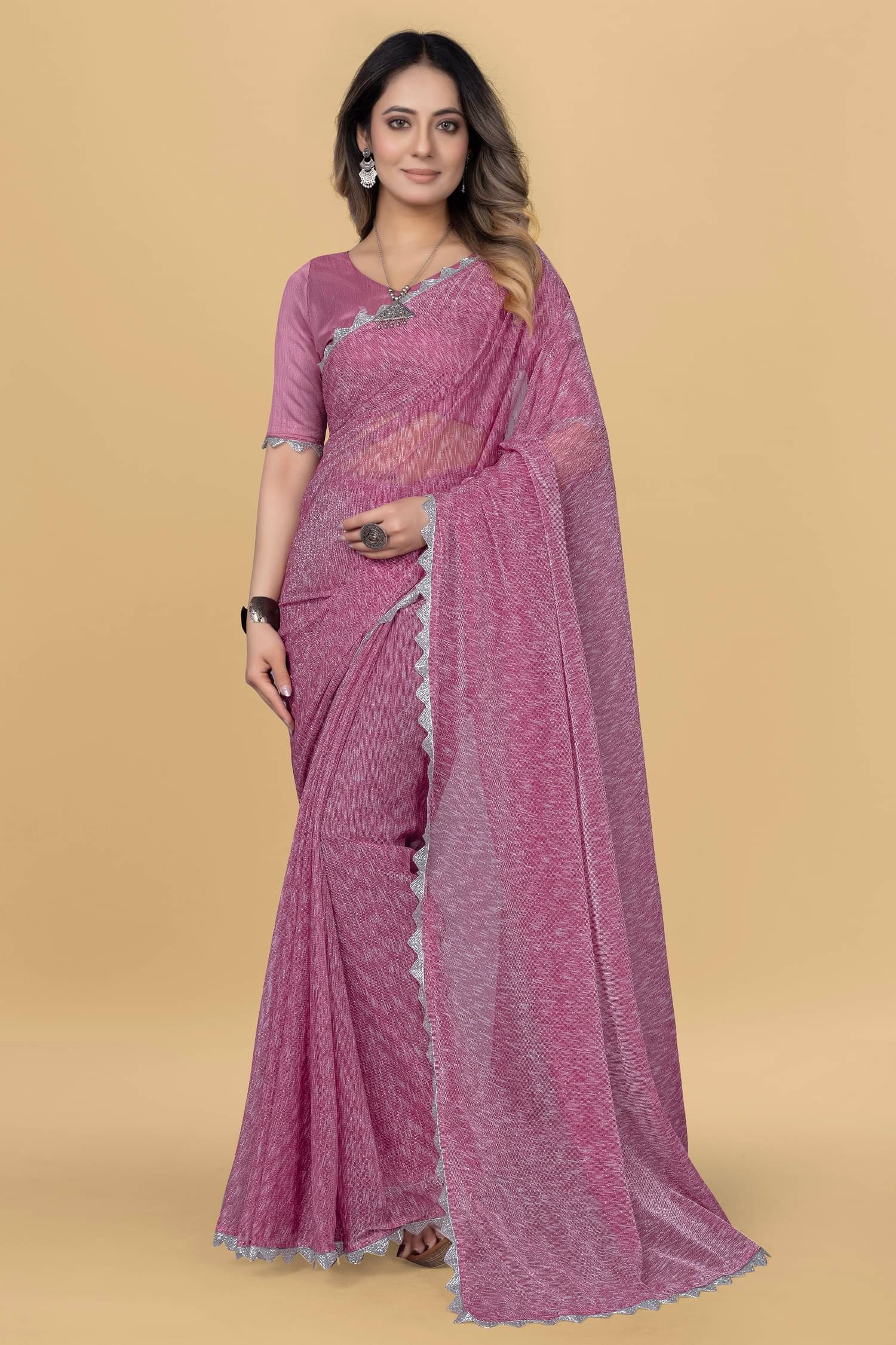 Aika Lycra Embellished Saree With Unstitched Blouse Piece ( Rose Gold ) Aika Lycra Embellished Saree With Unstitched Blouse Piece ( Rose Gold )