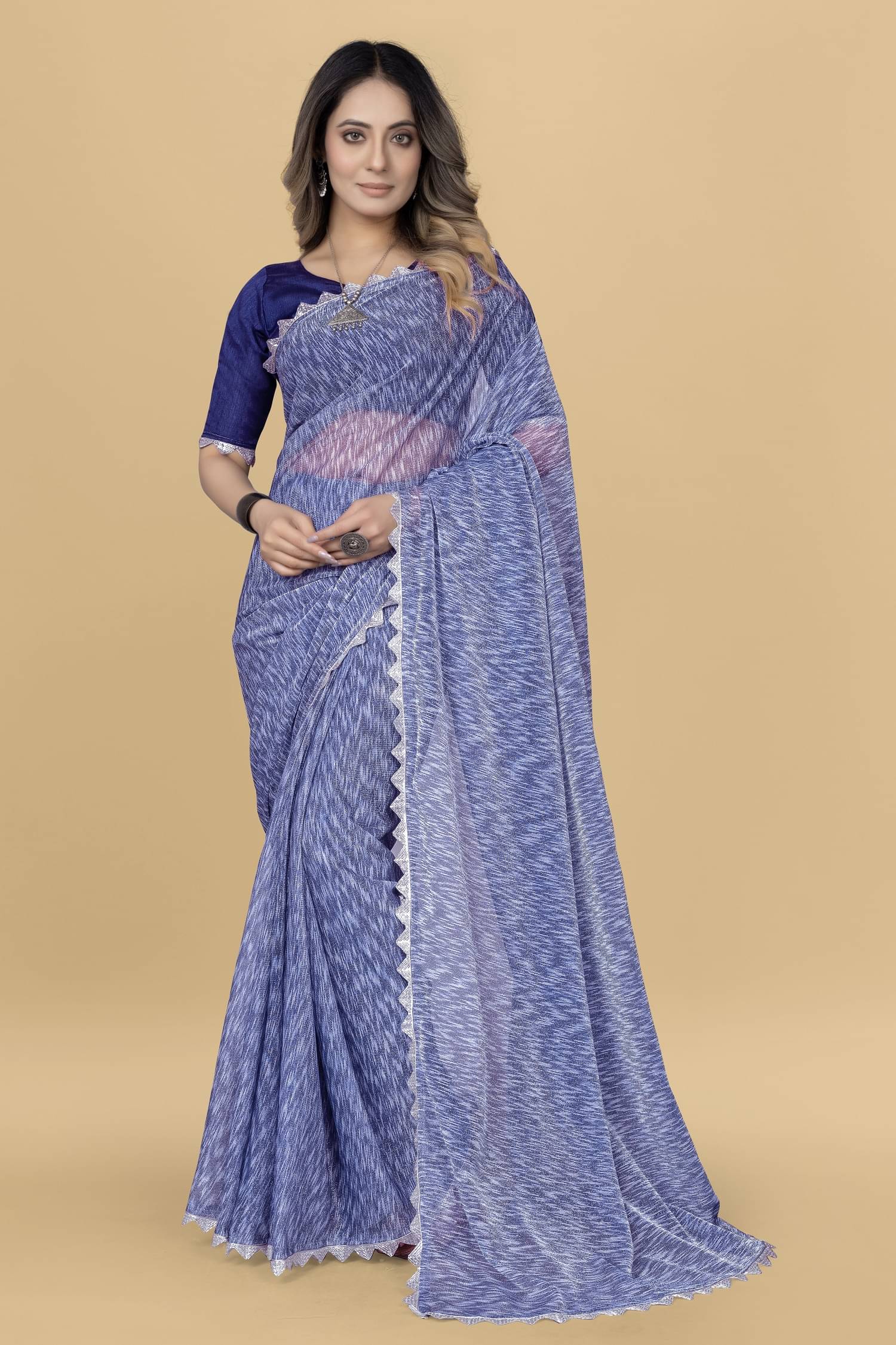 Aika Lycra Embellished Saree With Unstitched Blouse Piece ( Navy Blue ) Aika Lycra Embellished Saree With Unstitched Blouse Piece ( Navy Blue )