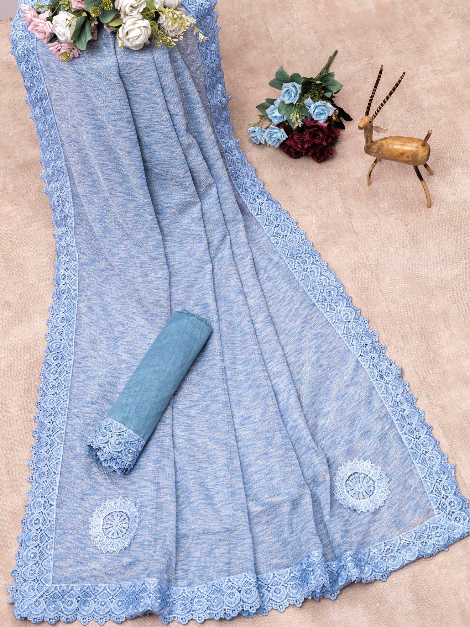     			Aika Lycra Embroidered Saree With Unstitched Blouse Piece ( SkyBlue )
