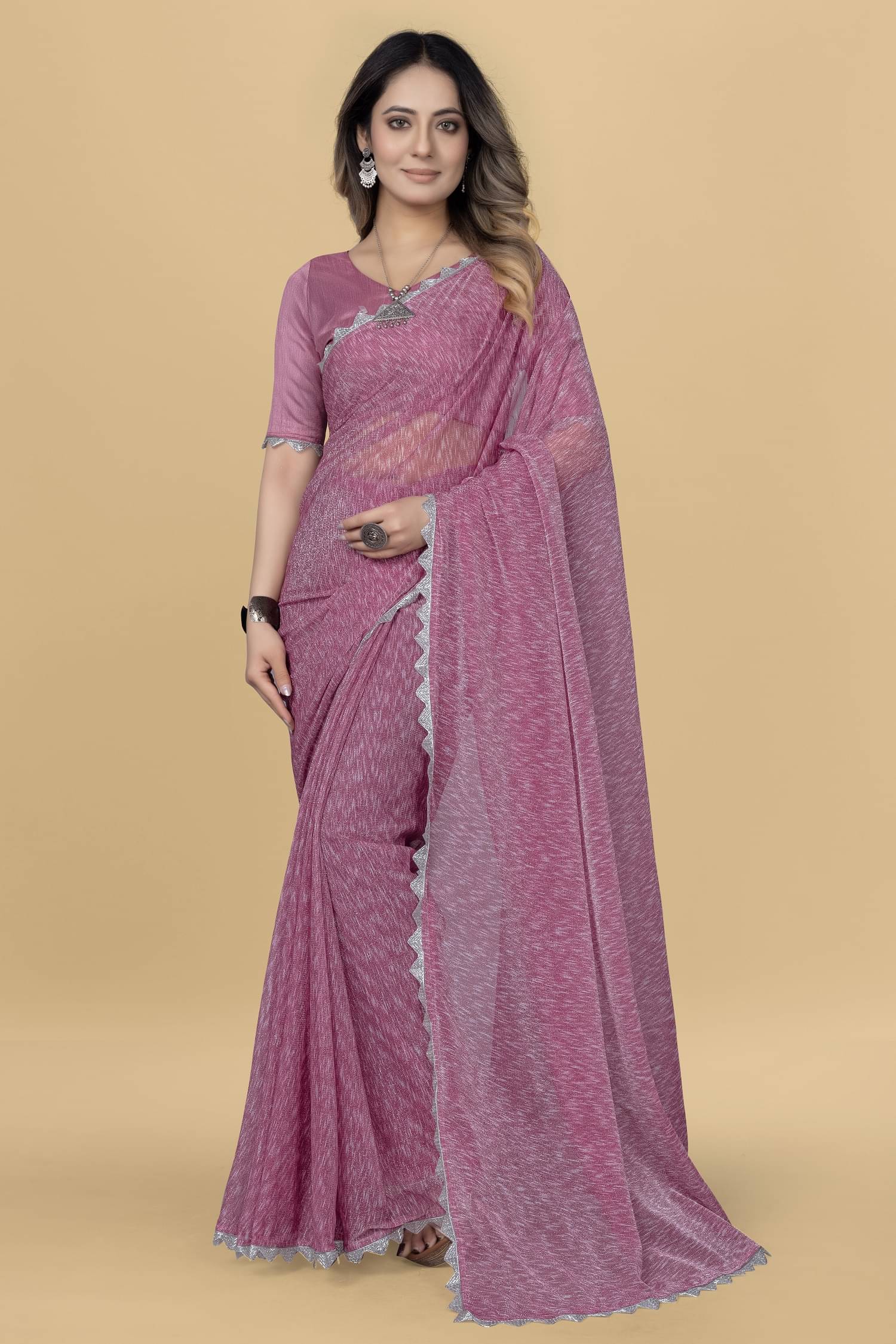     			Aika Lycra Printed Saree With Unstitched Blouse Piece ( Rose Gold )