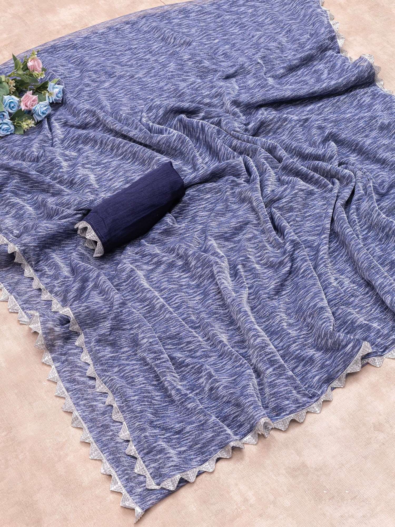 Aika Lycra Printed Saree With Unstitched Blouse Piece ( Navy Blue ) Aika Lycra Printed Saree With Unstitched Blouse Piece ( Navy Blue )