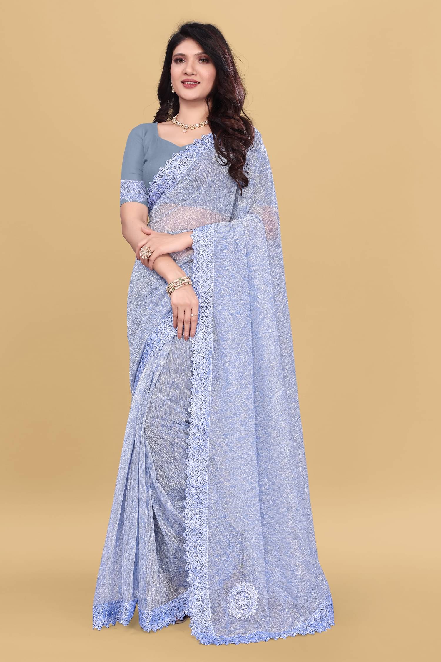 Aika Lycra Printed Saree With Unstitched Blouse Piece ( SkyBlue ) Aika Lycra Printed Saree With Unstitched Blouse Piece ( SkyBlue )