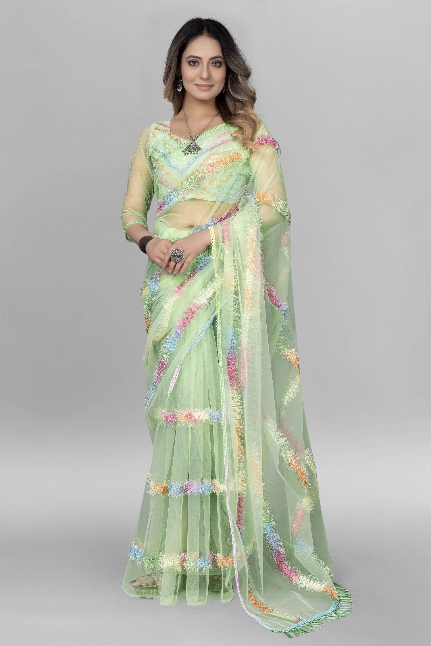 Aika Net Embellished Saree With Unstitched Blouse Piece ( Sea Green ) Aika Net Embellished Saree With Unstitched Blouse Piece ( Sea Green )
