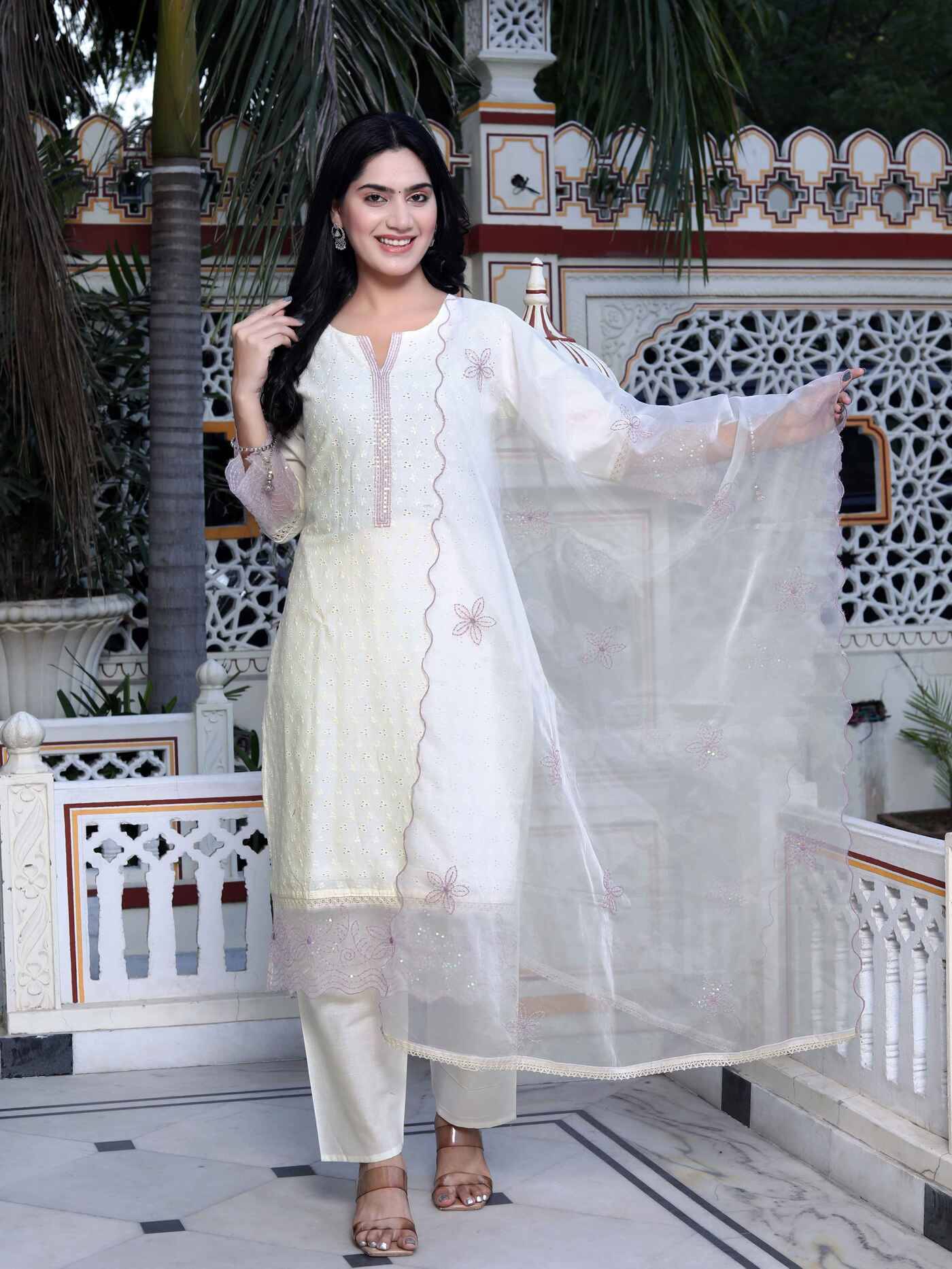     			Angiya Organza Embroidered Kurti With Palazzo Women's Stitched Salwar Suit - Beige ( Pack of 1 )