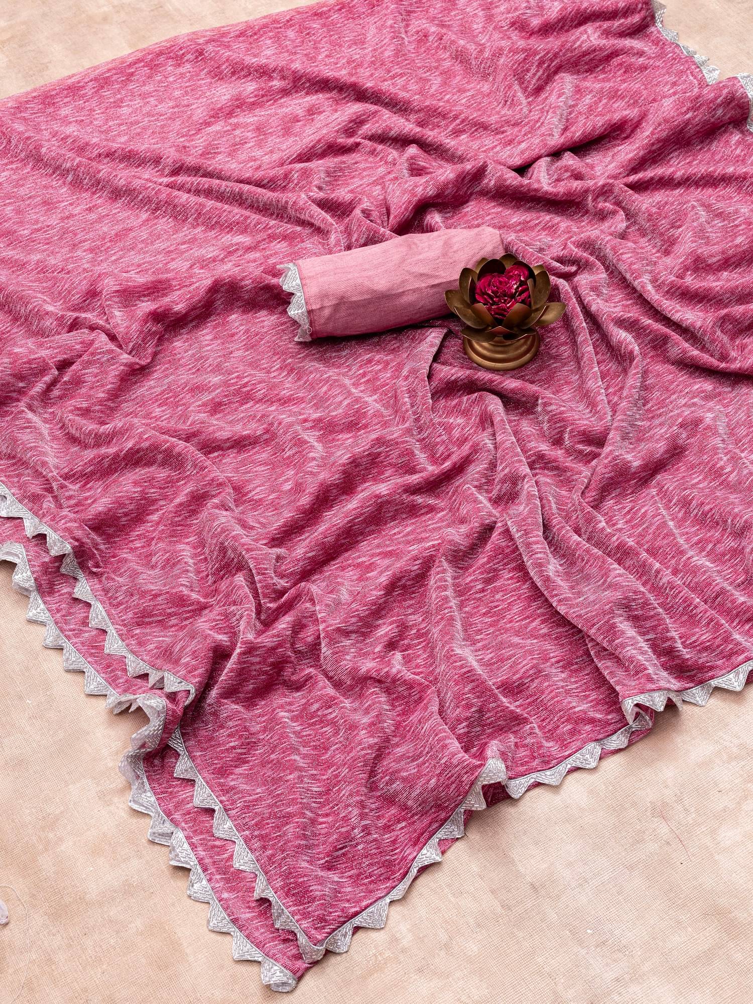     			Apnisha Lycra Embellished Saree With Unstitched Blouse Piece ( Rose Gold )