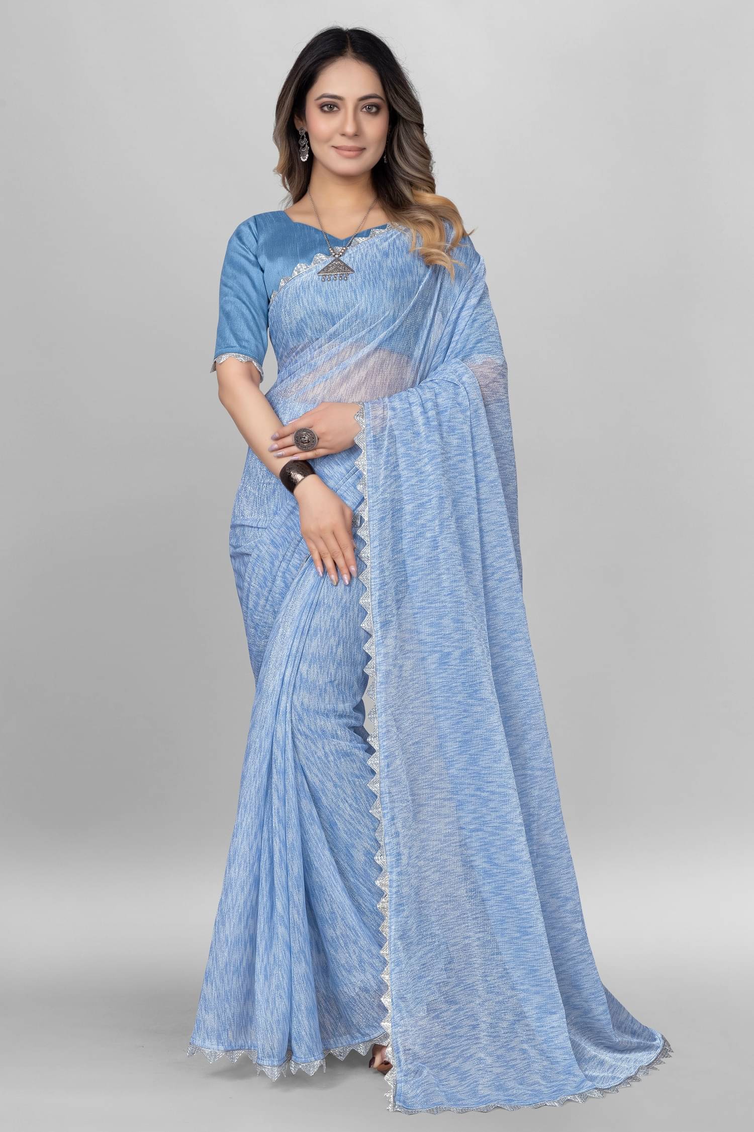 Apnisha Lycra Embellished Saree With Unstitched Blouse Piece ( SkyBlue ) Apnisha Lycra Embellished Saree With Unstitched Blouse Piece ( SkyBlue )