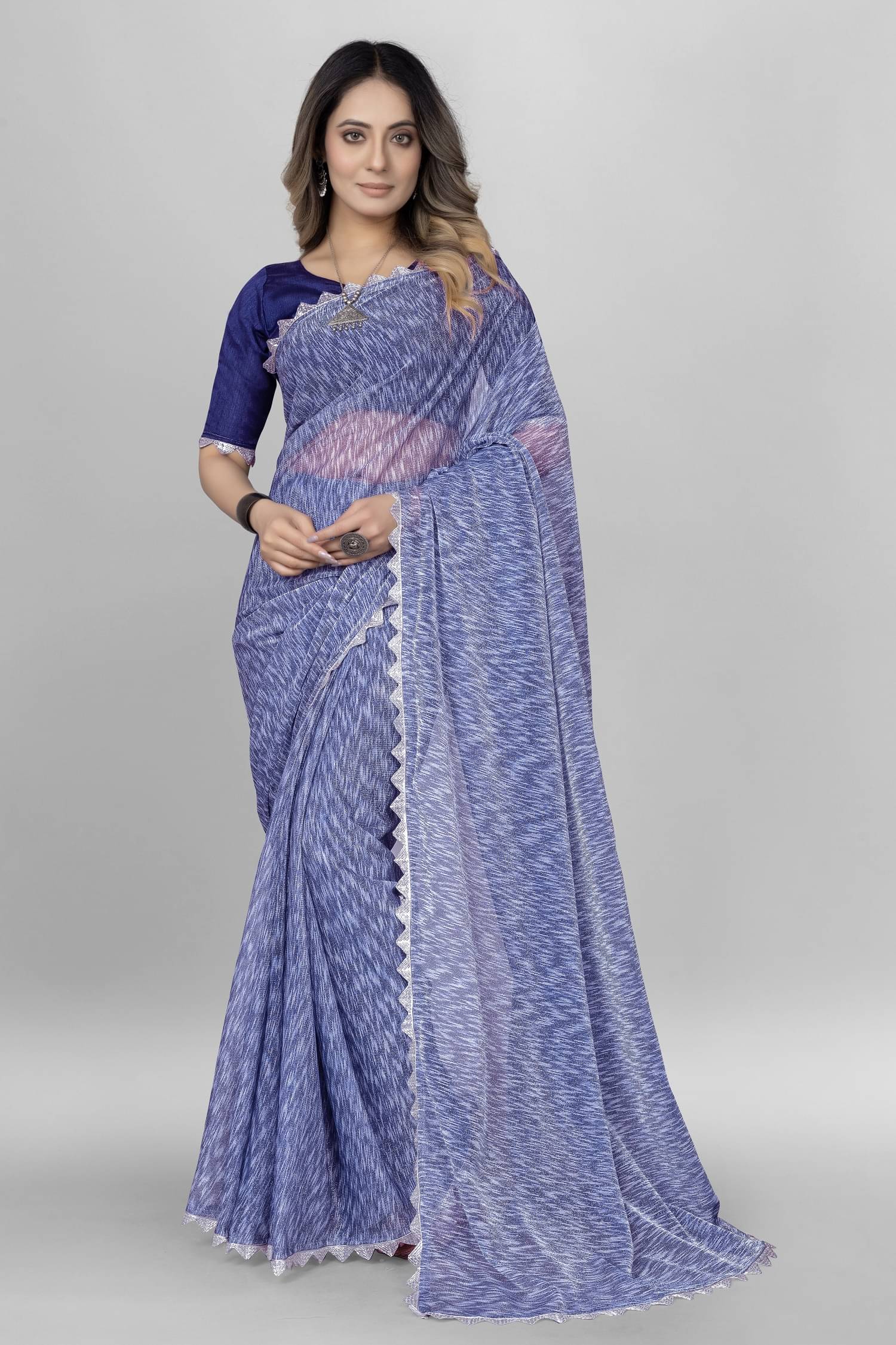 Apnisha Lycra Embellished Saree With Unstitched Blouse Piece ( Navy Blue ) Apnisha Lycra Embellished Saree With Unstitched Blouse Piece ( Navy Blue )