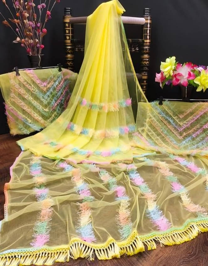     			Apnisha Net Embroidered Saree With Unstitched Blouse Piece ( Yellow )