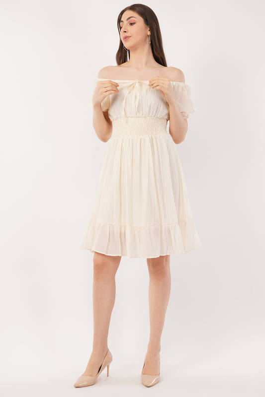 Deshi Girl Women Cotton Blend Solid Fit & Flare Dress ( Off White )     			Deshi Girl Women Cotton Blend Solid Fit & Flare Dress ( Off White )