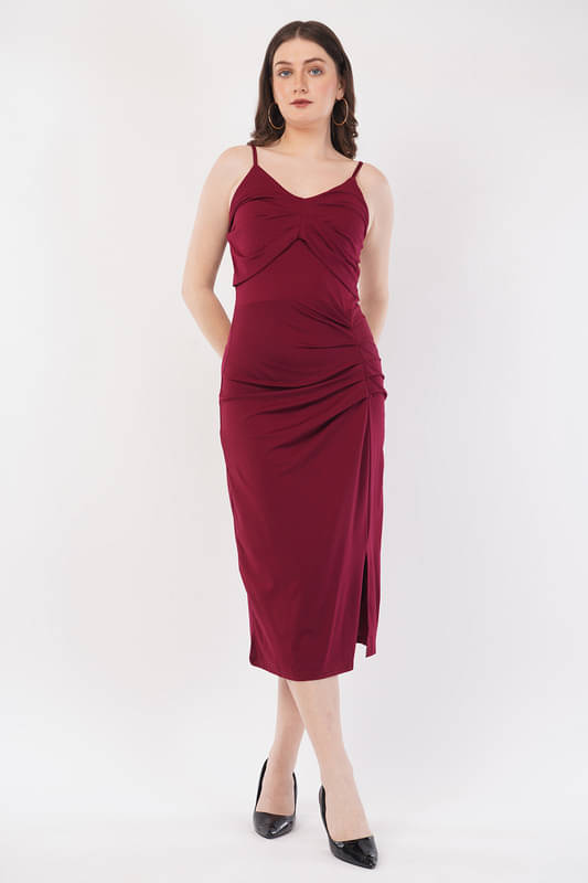     			Deshi Girl Women Cotton Blend Solid Side Slit Dress ( Red )