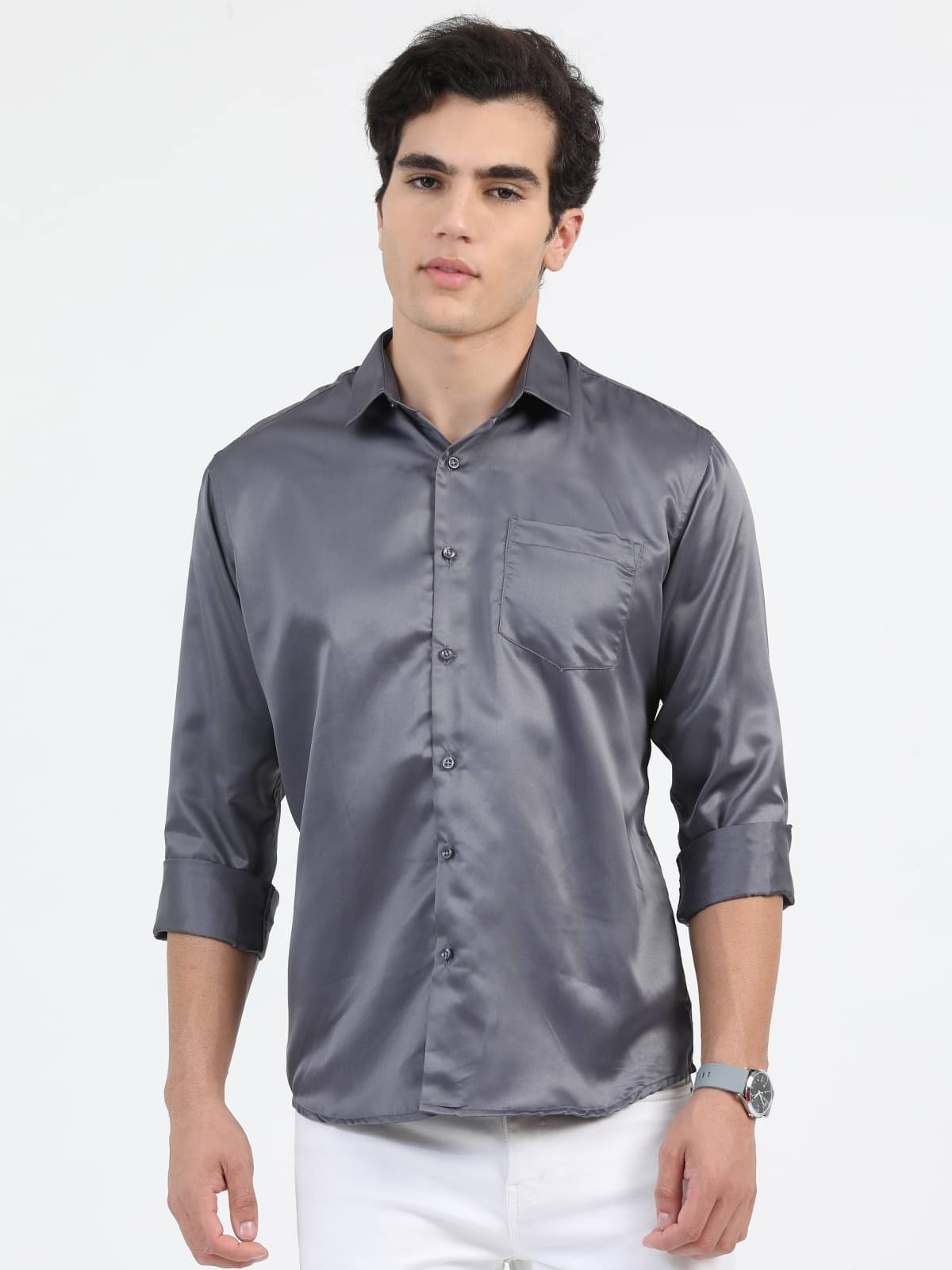     			HETIERS Satin Regular Fit Solids Full Sleeves Men's Casual Shirt - Grey ( Pack of 1 )