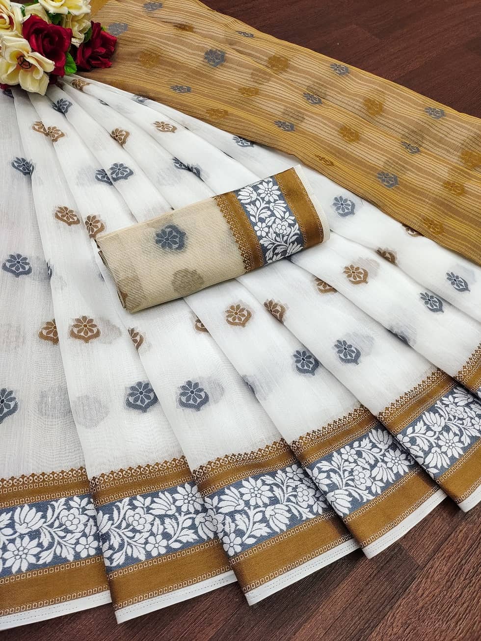 IndShopMart Cotton Silk Printed Saree With Unstitched Blouse Piece ( White ) - Sarees | Buy online on ZillyBuy