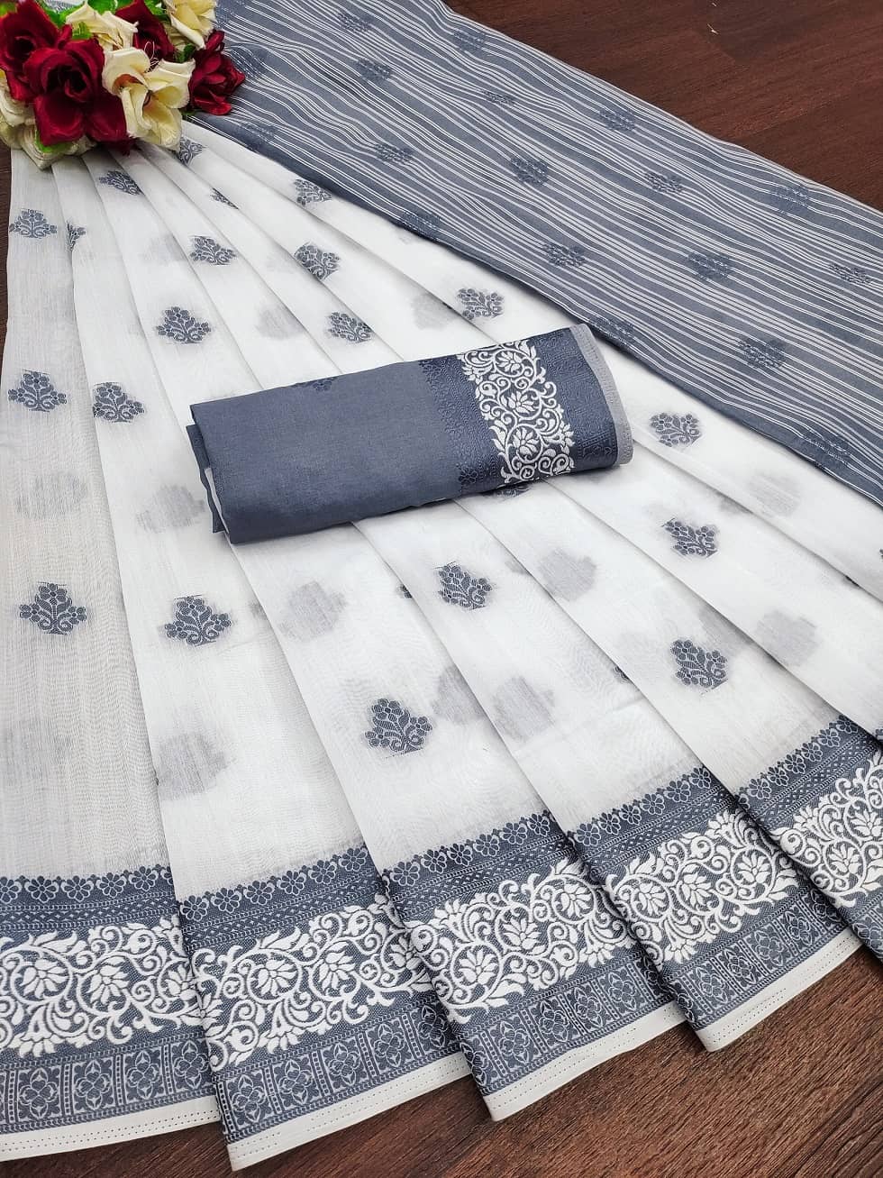 IndShopMart Cotton Silk Printed Regular Saree With Unstitched Blouse Piece ( White ) - Sarees | Buy online on ZillyBuy