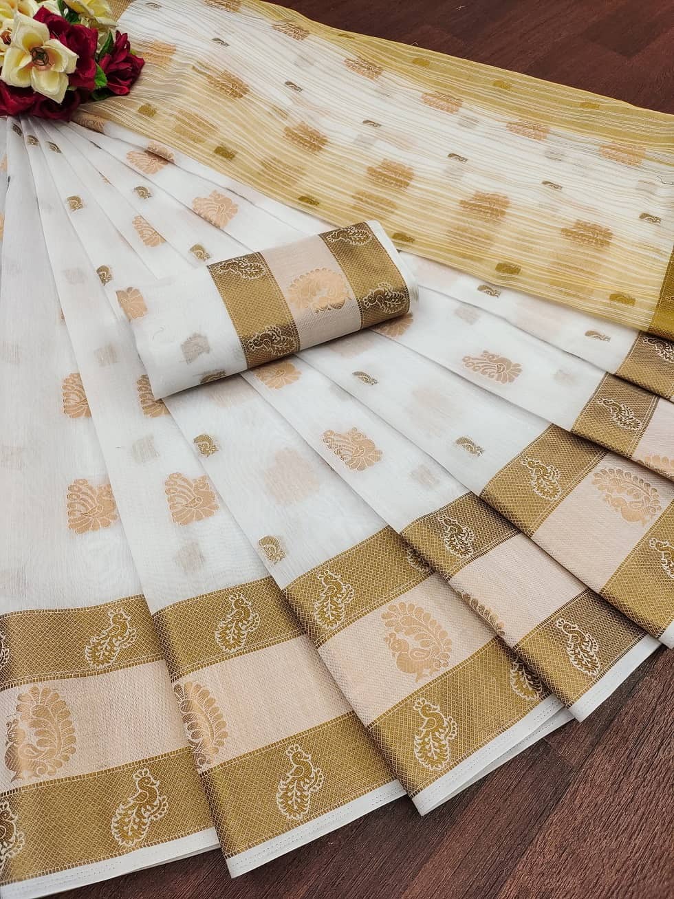 IndShopMart Cotton Silk Self Design Saree With Unstitched Blouse Piece ( White ) - Sarees | Buy online on ZillyBuy