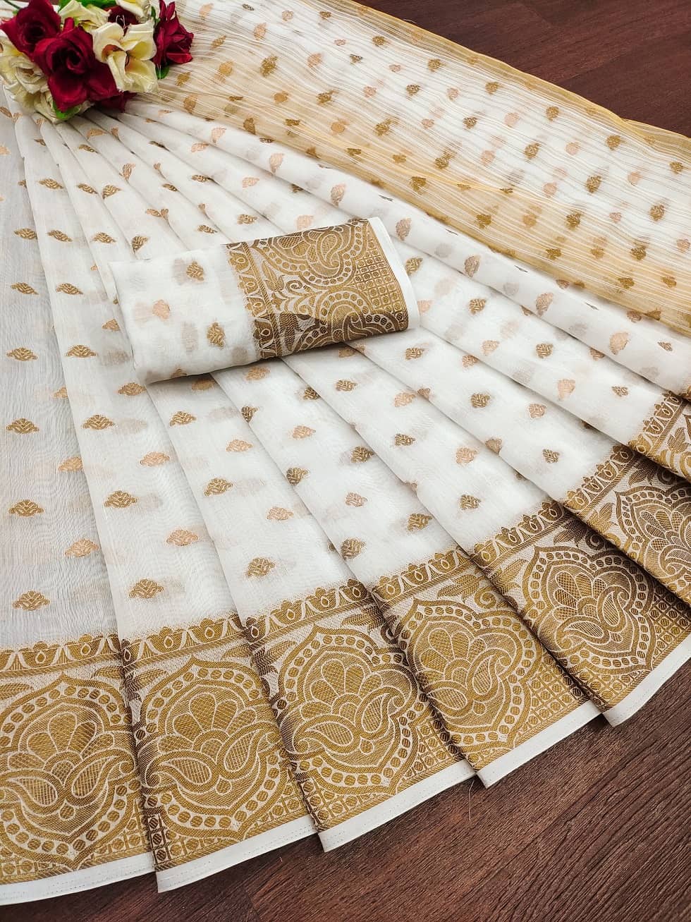 IndShopMart Cotton Silk Self Design Saree With Unstitched Blouse Piece ( White ) - Sarees | Buy online on ZillyBuy