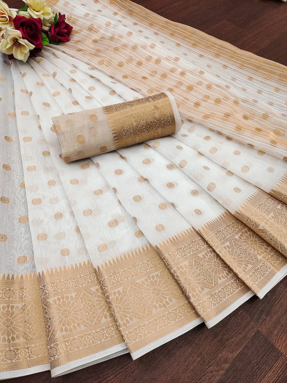    			IndShopMart Cotton Silk Self Design Saree With Unstitched Blouse Piece ( White )