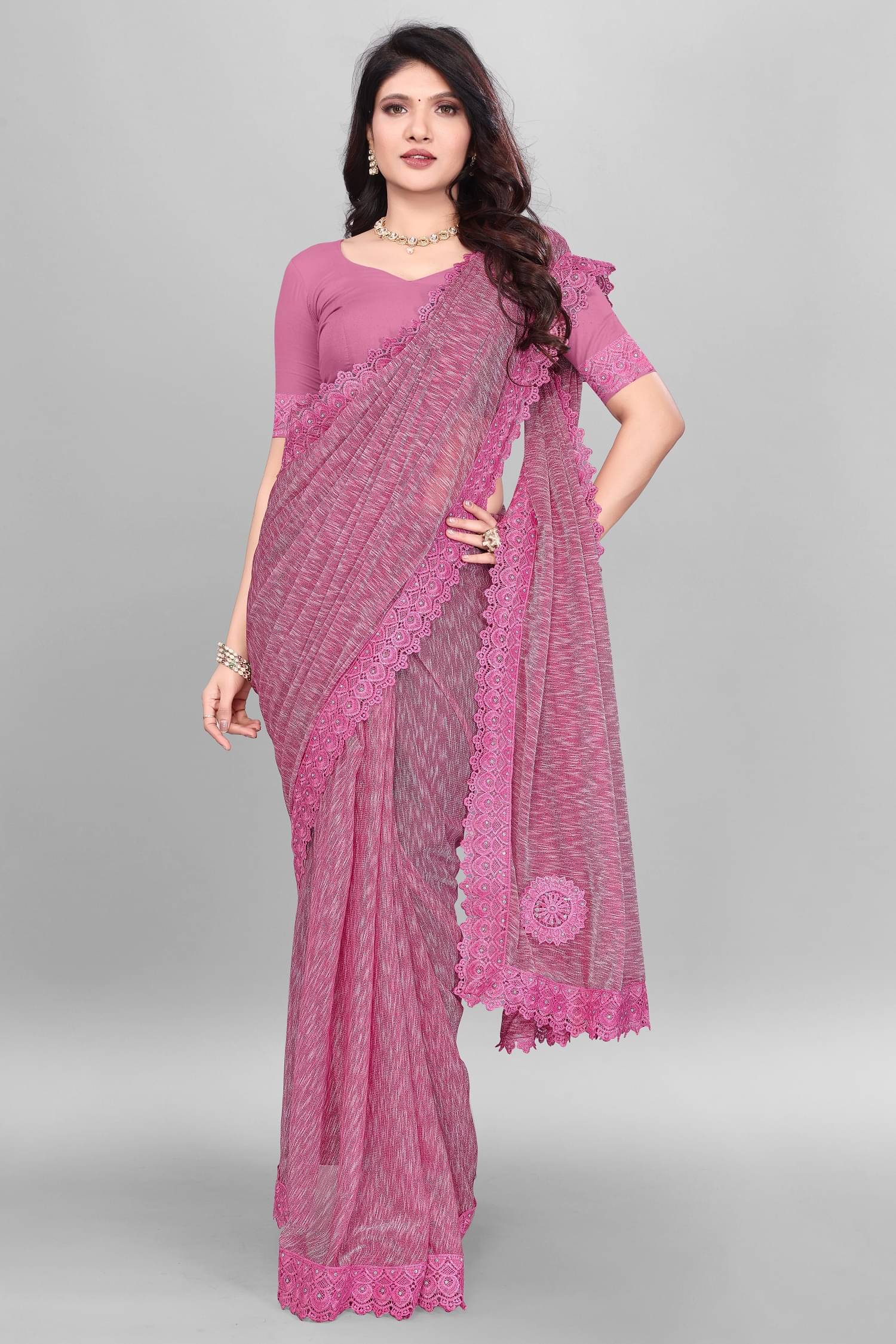 JULEE Lycra Self Design Saree With Unstitched Blouse Piece ( Rose Gold ) JULEE Lycra Self Design Saree With Unstitched Blouse Piece ( Rose Gold )