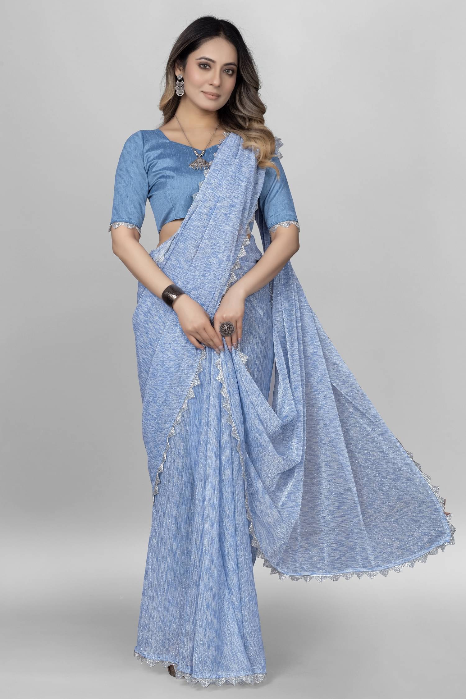 JULEE Lycra Self Design Saree With Unstitched Blouse Piece ( SkyBlue ) JULEE Lycra Self Design Saree With Unstitched Blouse Piece ( SkyBlue )