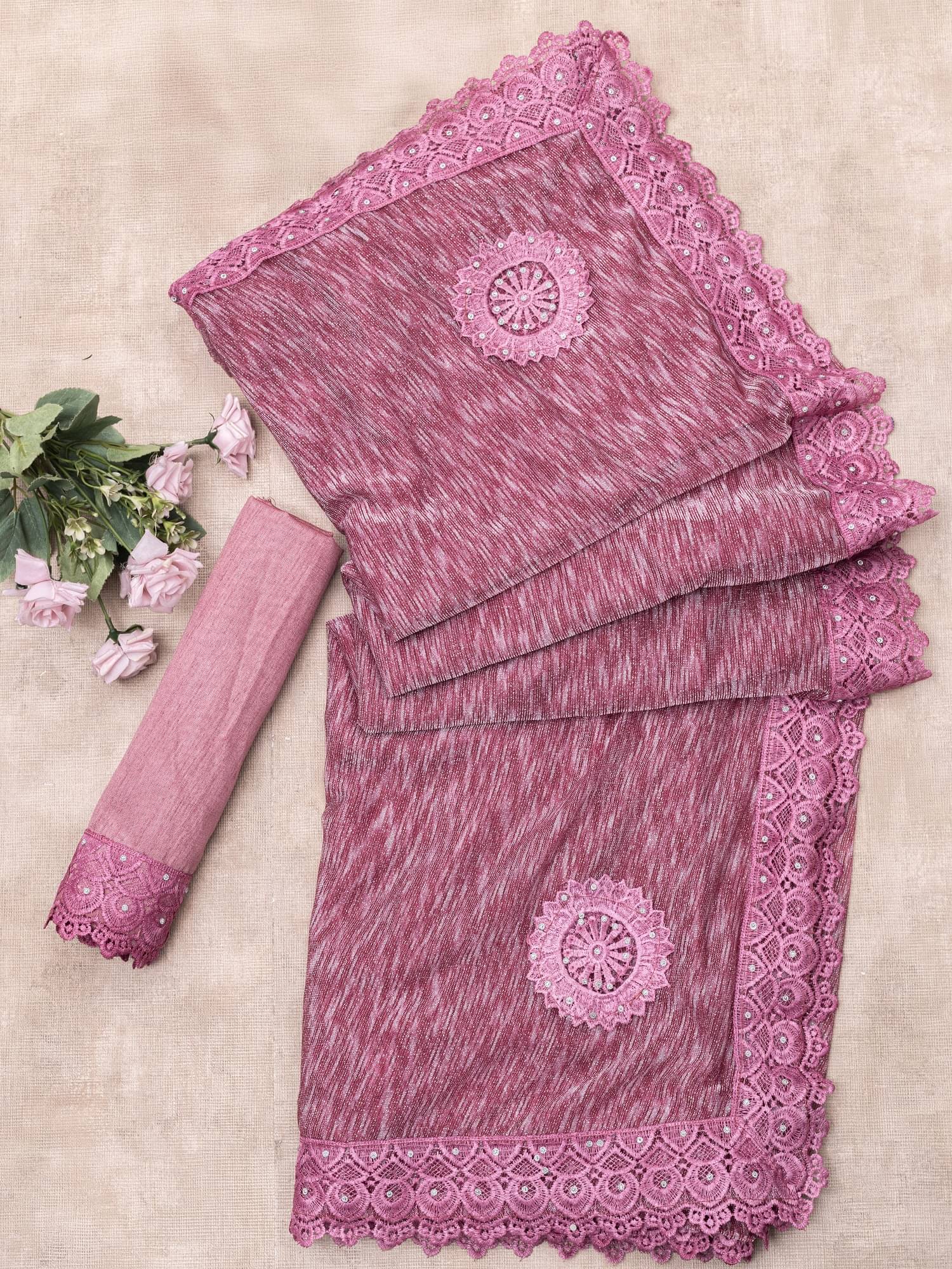     			JULEE Lycra Self Design Saree With Unstitched Blouse Piece ( Rose Gold )