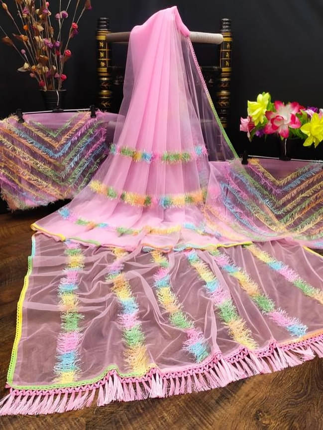 JULEE Net Embroidered Saree With Unstitched Blouse Piece ( Pink ) JULEE Net Embroidered Saree With Unstitched Blouse Piece ( Pink )