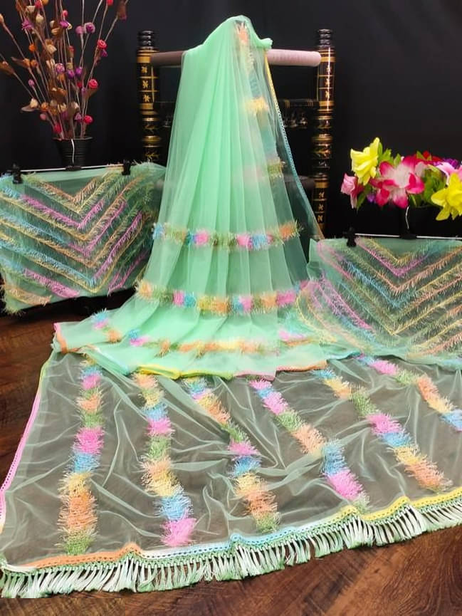 JULEE Net Embroidered Saree With Unstitched Blouse Piece ( Sea Green ) JULEE Net Embroidered Saree With Unstitched Blouse Piece ( Sea Green )