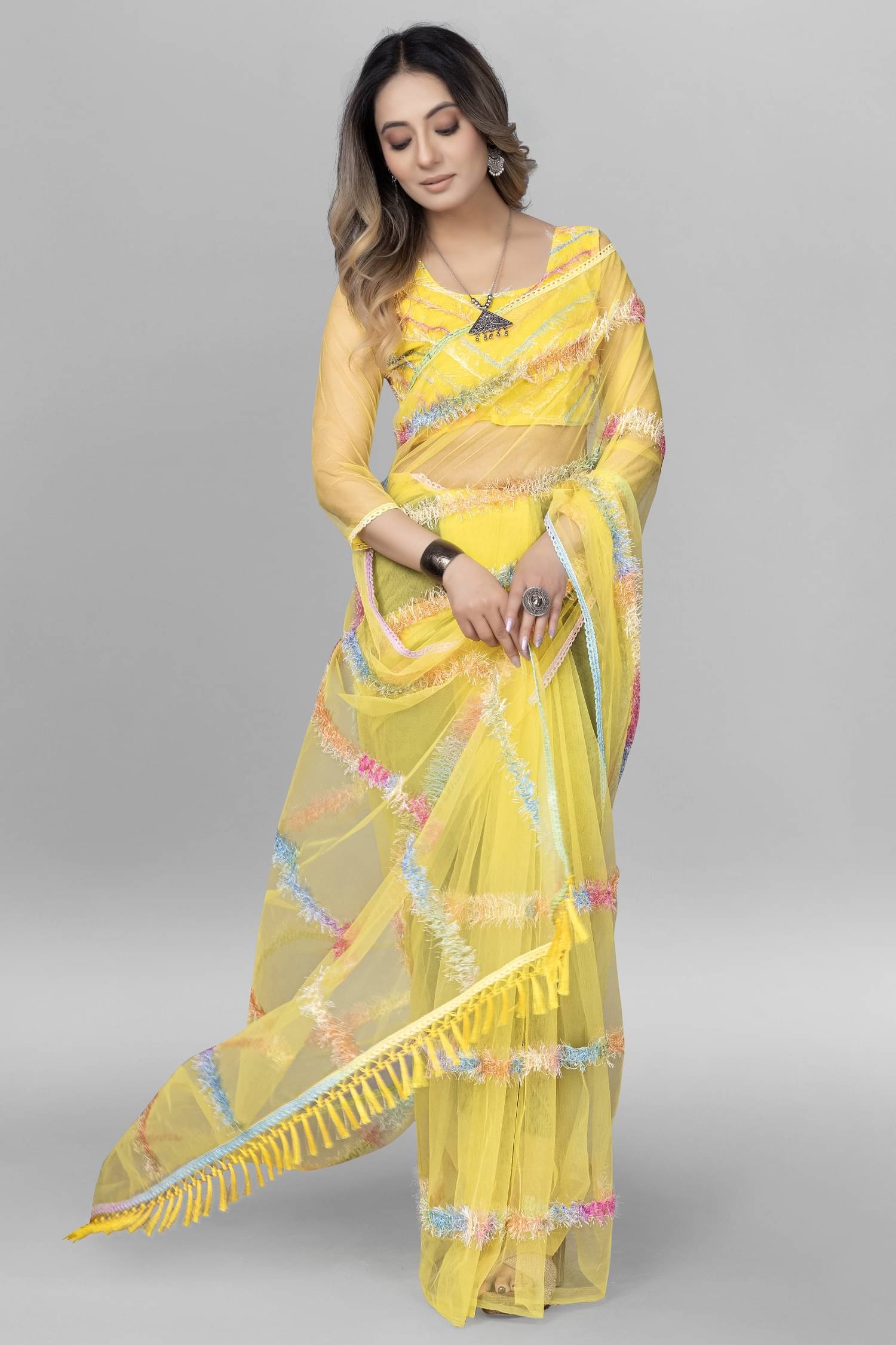 JULEE Net Embroidered Saree With Unstitched Blouse Piece ( Yellow ) JULEE Net Embroidered Saree With Unstitched Blouse Piece ( Yellow )