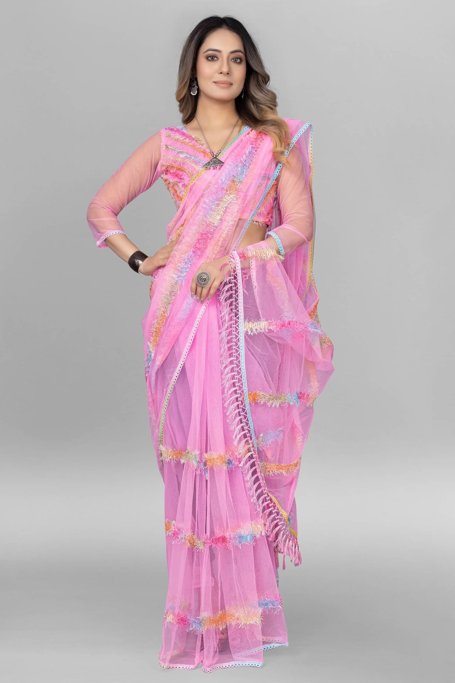 JULEE Net Embroidered Saree With Unstitched Blouse Piece ( Pink ) JULEE Net Embroidered Saree With Unstitched Blouse Piece ( Pink )