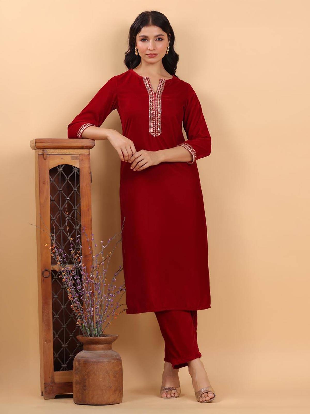     			Janasya Velvet Embellished Kurti With Pants Women's Stitched Salwar Suit - Red ( Pack of 1 )
