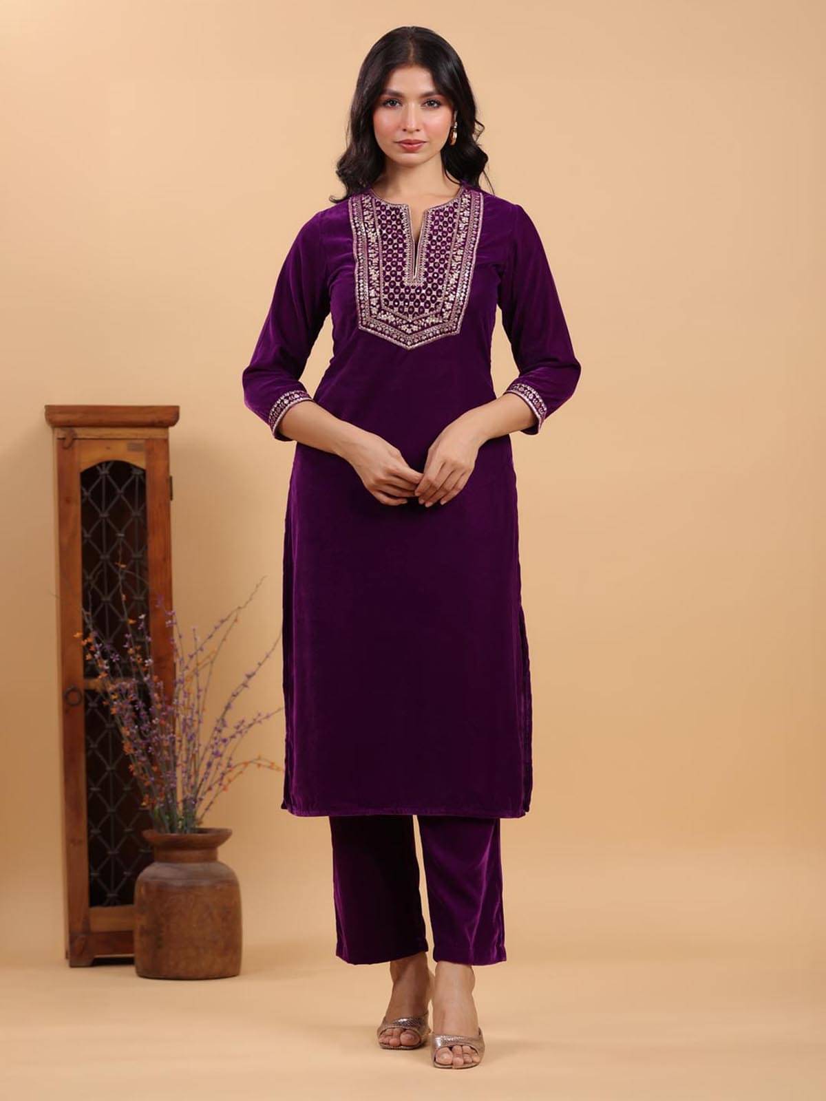     			Janasya Velvet Embellished Kurti With Pants Women's Stitched Salwar Suit - Purple ( Pack of 1 )
