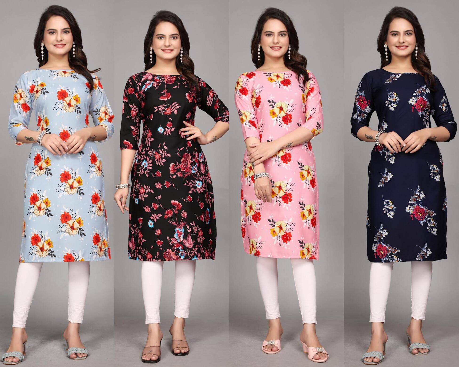 KALAVRITTA Pack of 4 Crepe Printed Straight Women's Kurti - ( Multicoloured ) KALAVRITTA Pack of 4 Crepe Printed Straight Women's Kurti - ( Multicoloured )