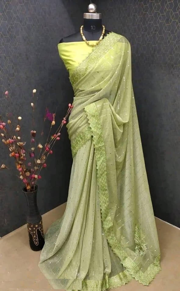     			KV Fashion Lycra Embellished Saree With Unstitched Blouse Piece ( Sea Green )
