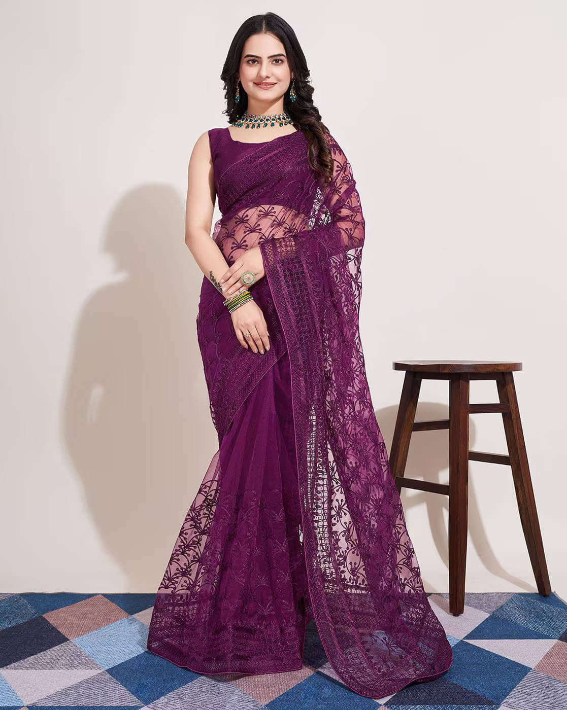 KV Fashion Net Embroidered Saree With Unstitched Blouse Piece ( Wine )     			KV Fashion Net Embroidered Saree With Unstitched Blouse Piece ( Wine )