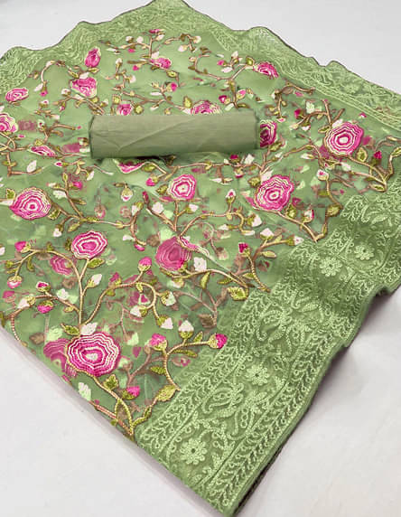     			KV Fashion Net Embroidered Saree With Unstitched Blouse Piece ( LightGreen )
