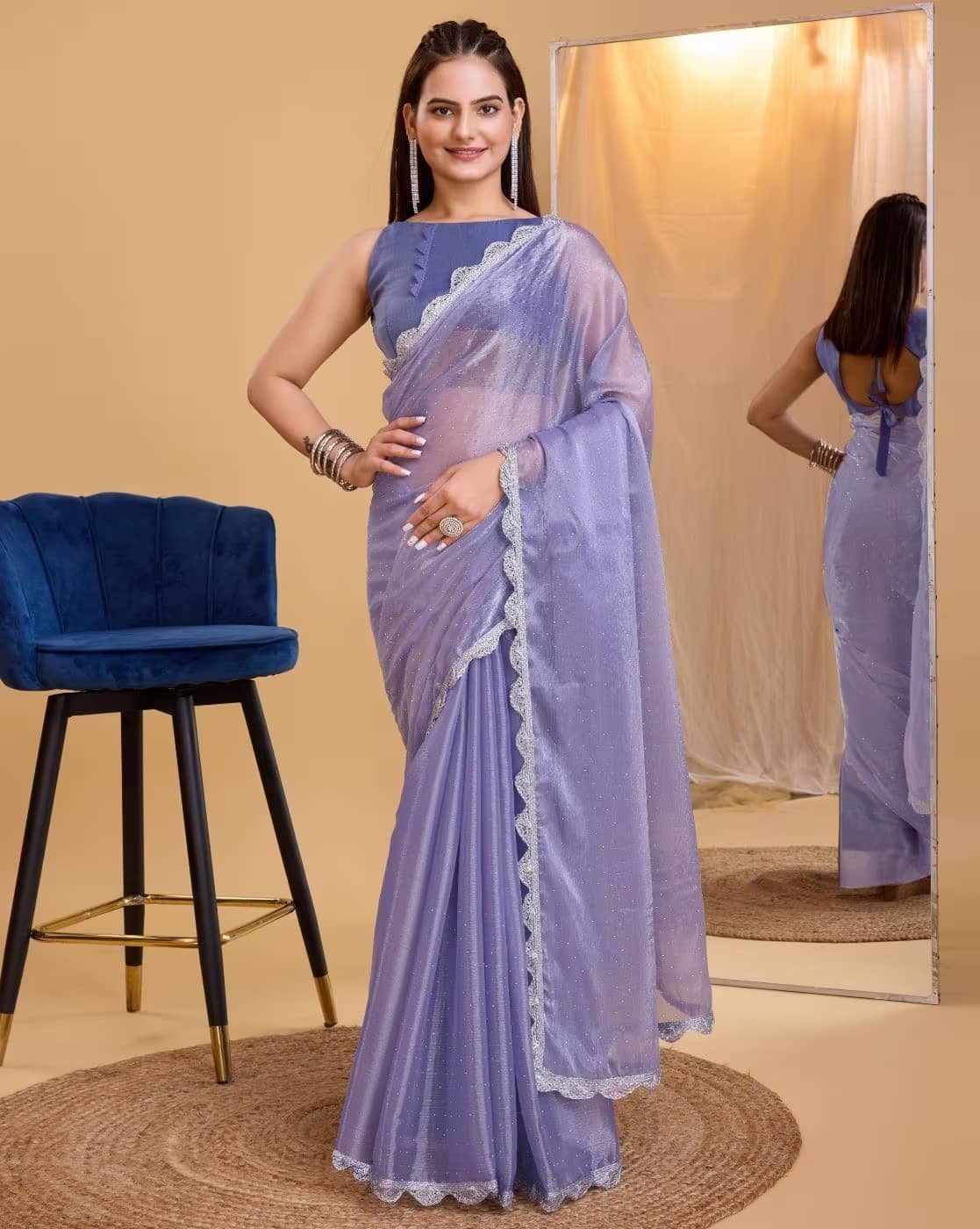 KV Fashion Net Solid Saree With Unstitched Blouse Piece ( Lavender ) - Sarees | Buy online on ZillyBuy