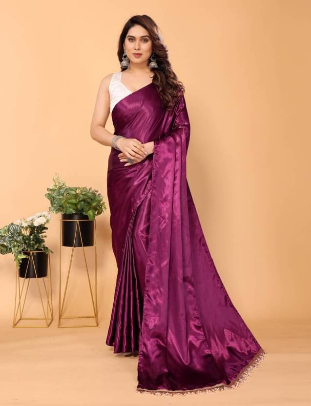     			KV Fashion Satin Solid Saree With Unstitched Blouse Piece ( Purple )