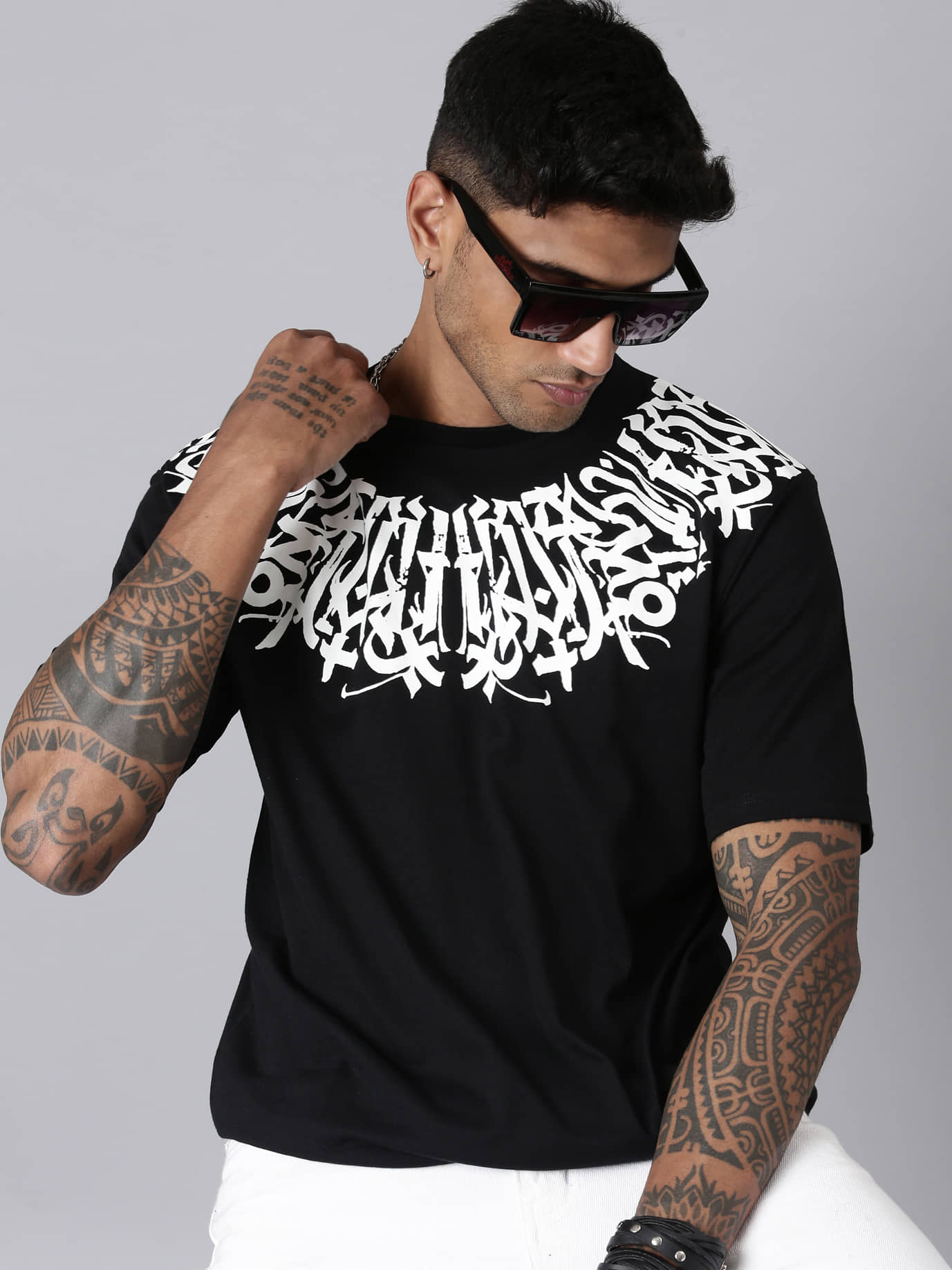 LEWEL Cotton Blend Oversized Fit Printed 3/4th Sleeves Men's Round T-Shirt - Black ( Pack of 1 )