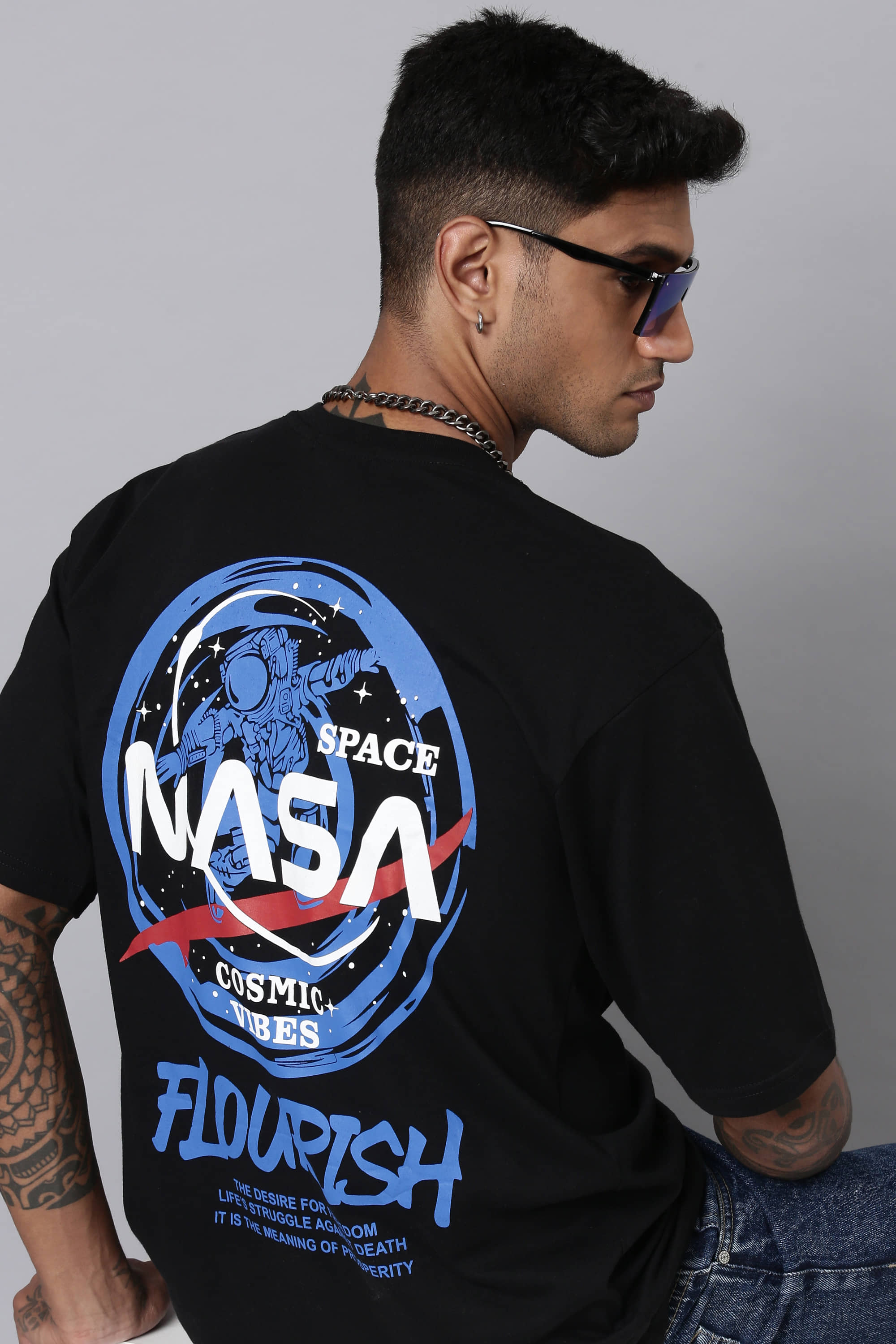 LEWEL Cotton Blend Oversized Fit Printed 3/4th Sleeves Men's Round T-Shirt - Black ( Pack of 1 )
