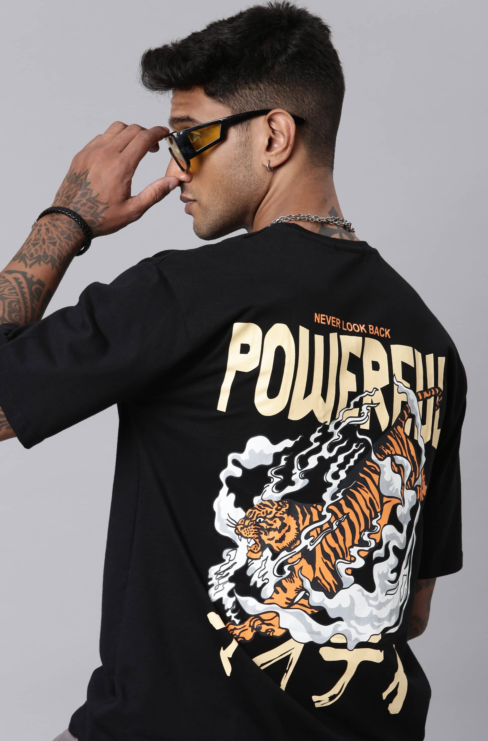 LEWEL Cotton Blend Oversized Fit Printed 3/4th Sleeves Men's Round T-Shirt - Black ( Pack of 1 )