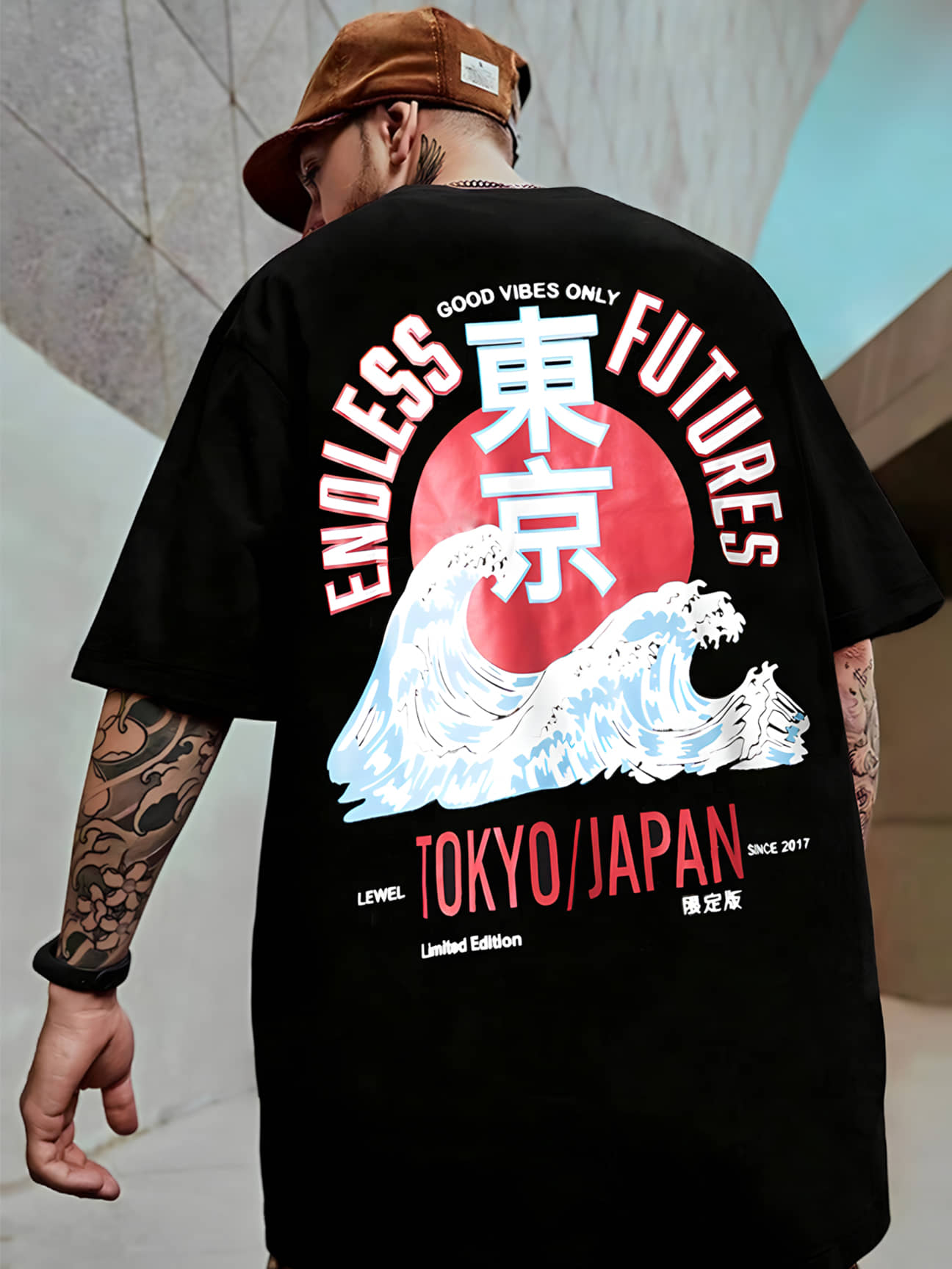 LEWEL Cotton Blend Oversized Fit Printed 3/4th Sleeves Men's Round T-Shirt - Black ( Pack of 1 )