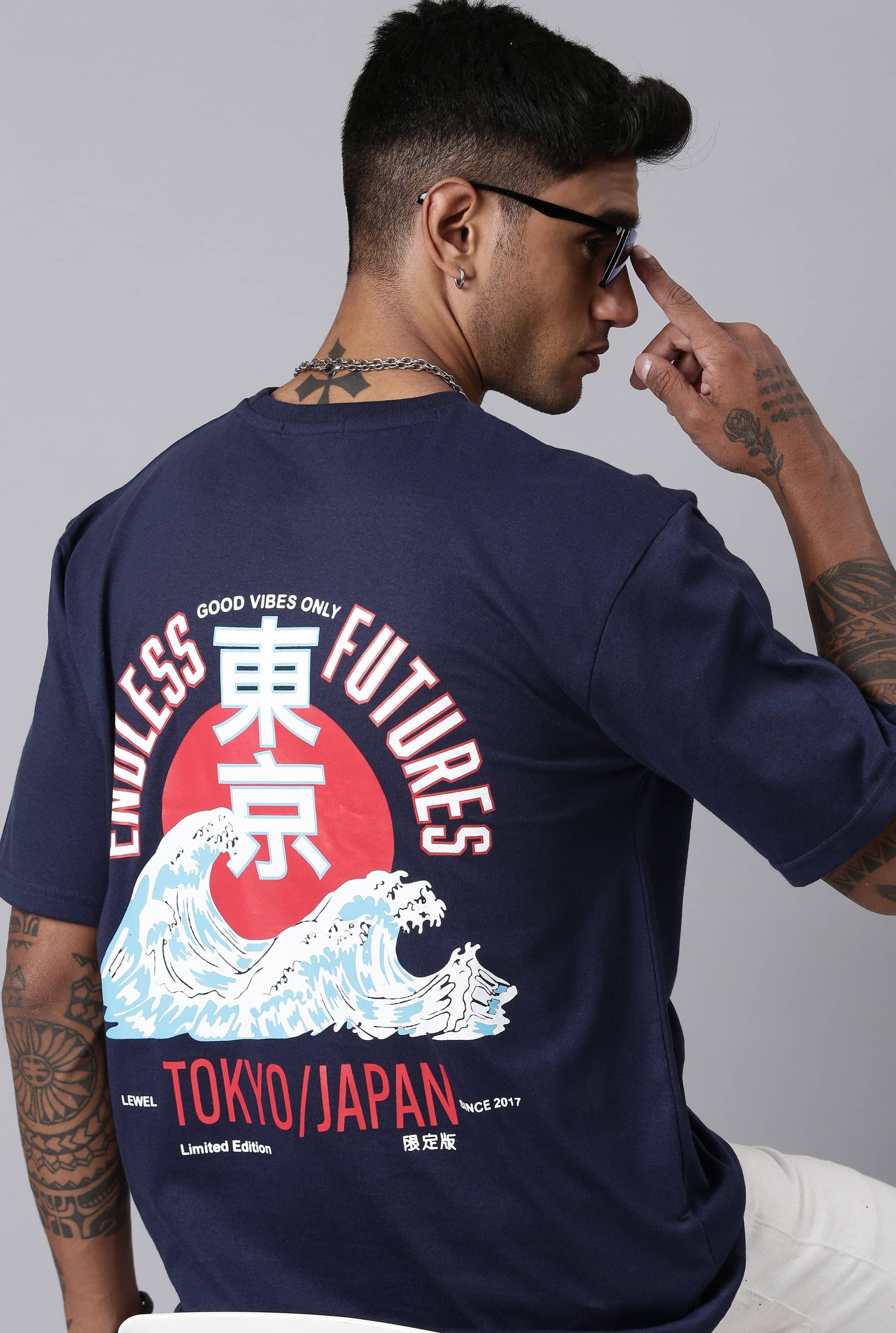     			LEWEL Cotton Blend Oversized Fit Printed 3/4th Sleeves Men's Round T-Shirt - Navy Blue ( Pack of 1 )