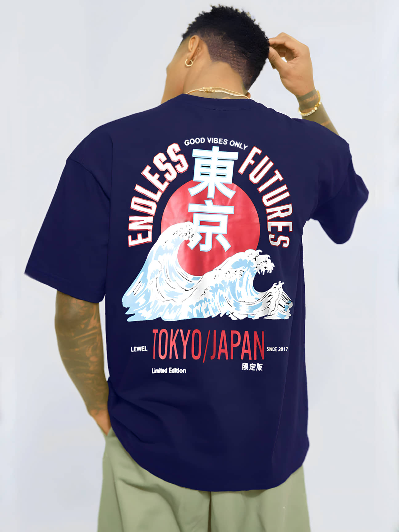 LEWEL Cotton Blend Oversized Fit Printed 3/4th Sleeves Men's Round T-Shirt - Navy Blue ( Pack of 1 )