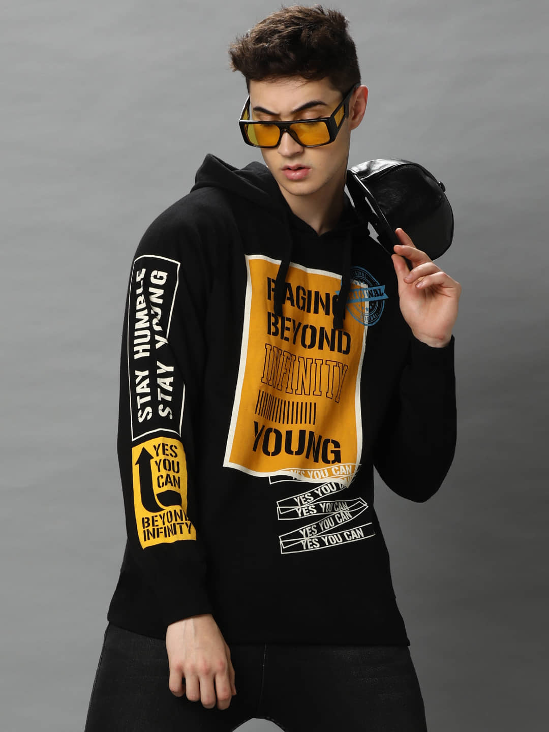 LEWEL Cotton Blend Regular Fit Printed Full Sleeves Men's Hooded T-Shirt - Black ( Pack of 1 )