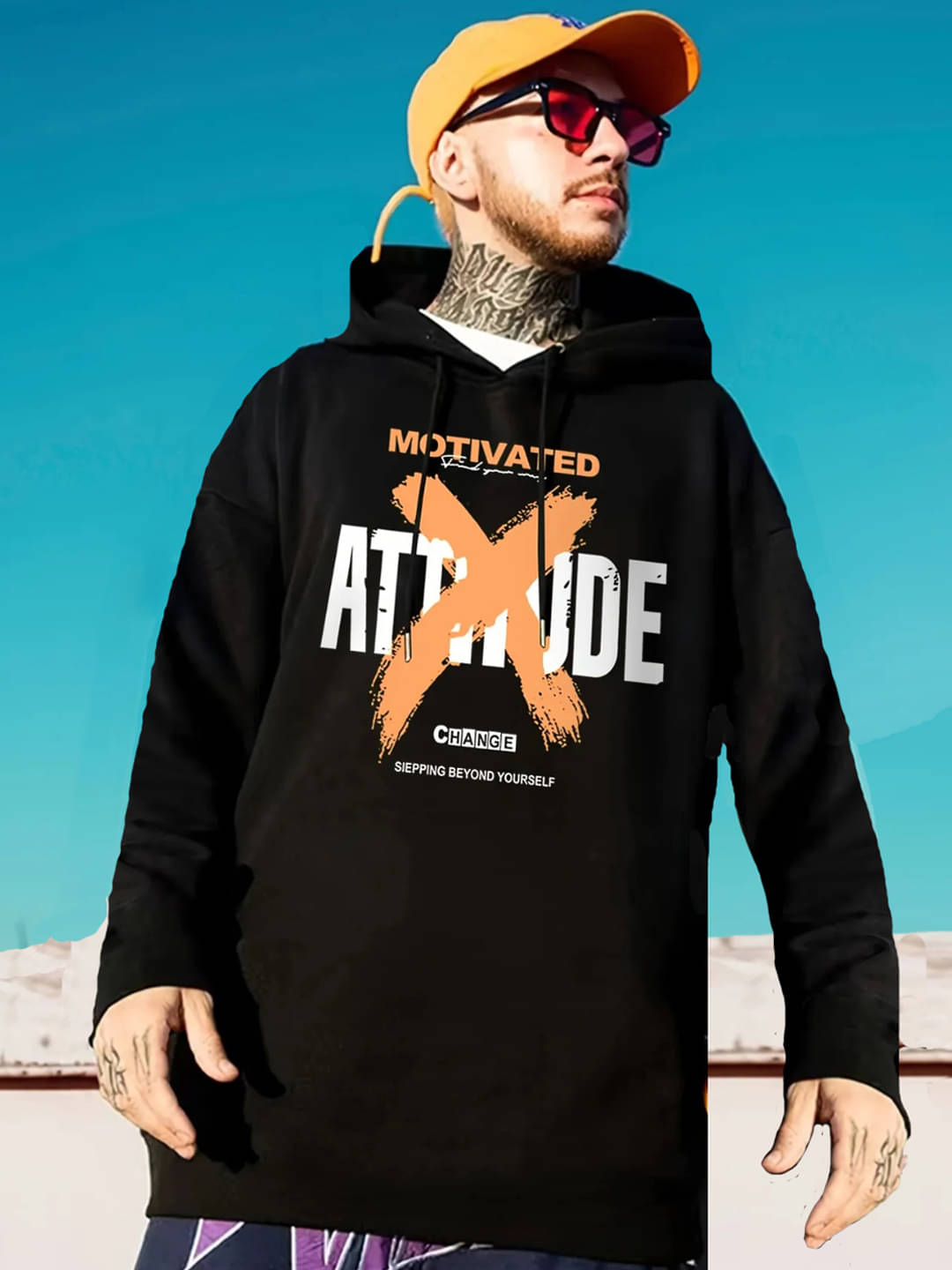     			LEWEL Cotton Blend Regular Fit Printed Full Sleeves Men's Hooded T-Shirt - Black ( Pack of 1 )