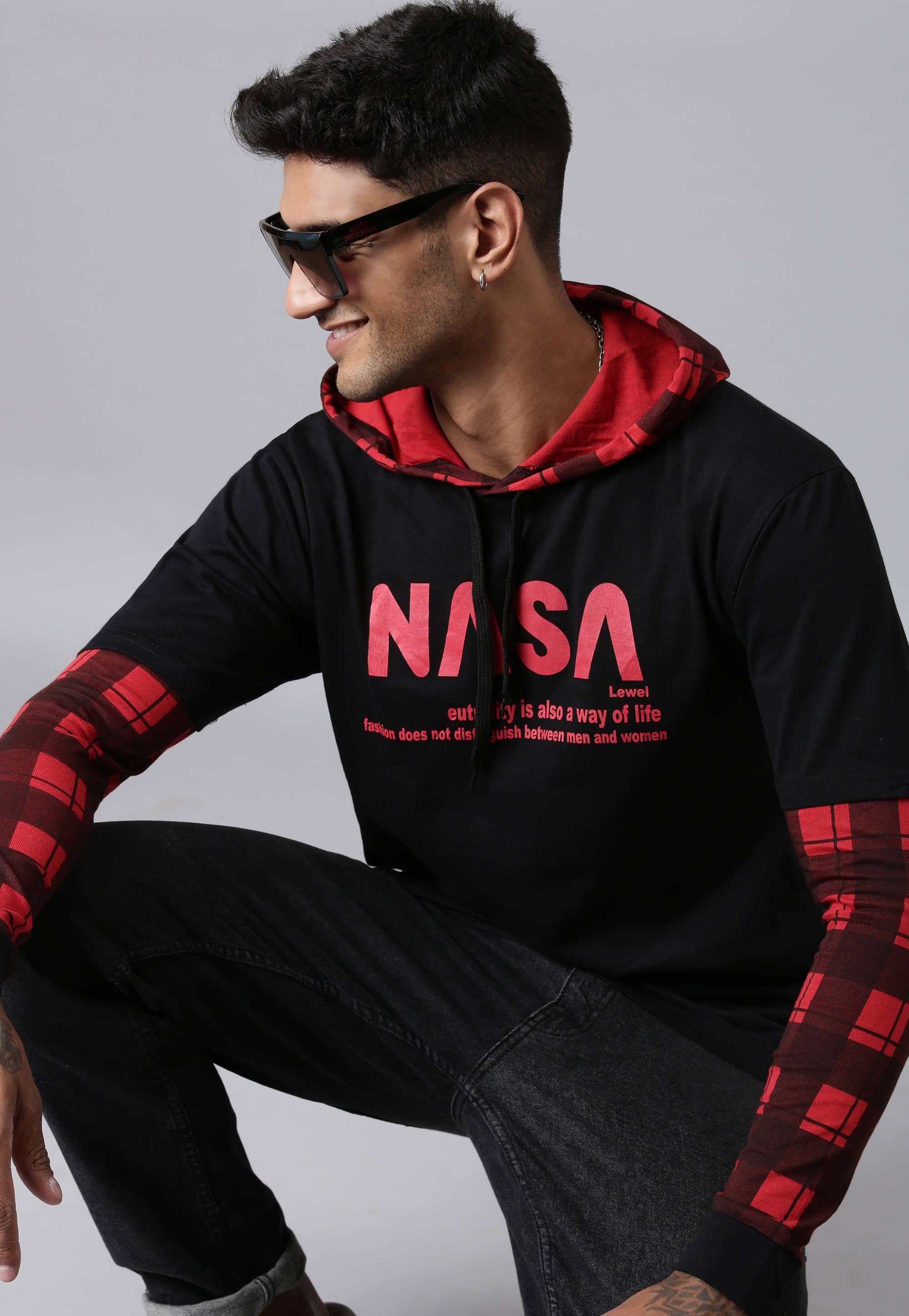LEWEL Cotton Blend Slim Fit Checks Full Sleeves Men's Hooded T-Shirt - Multicolor ( Pack of 1 )