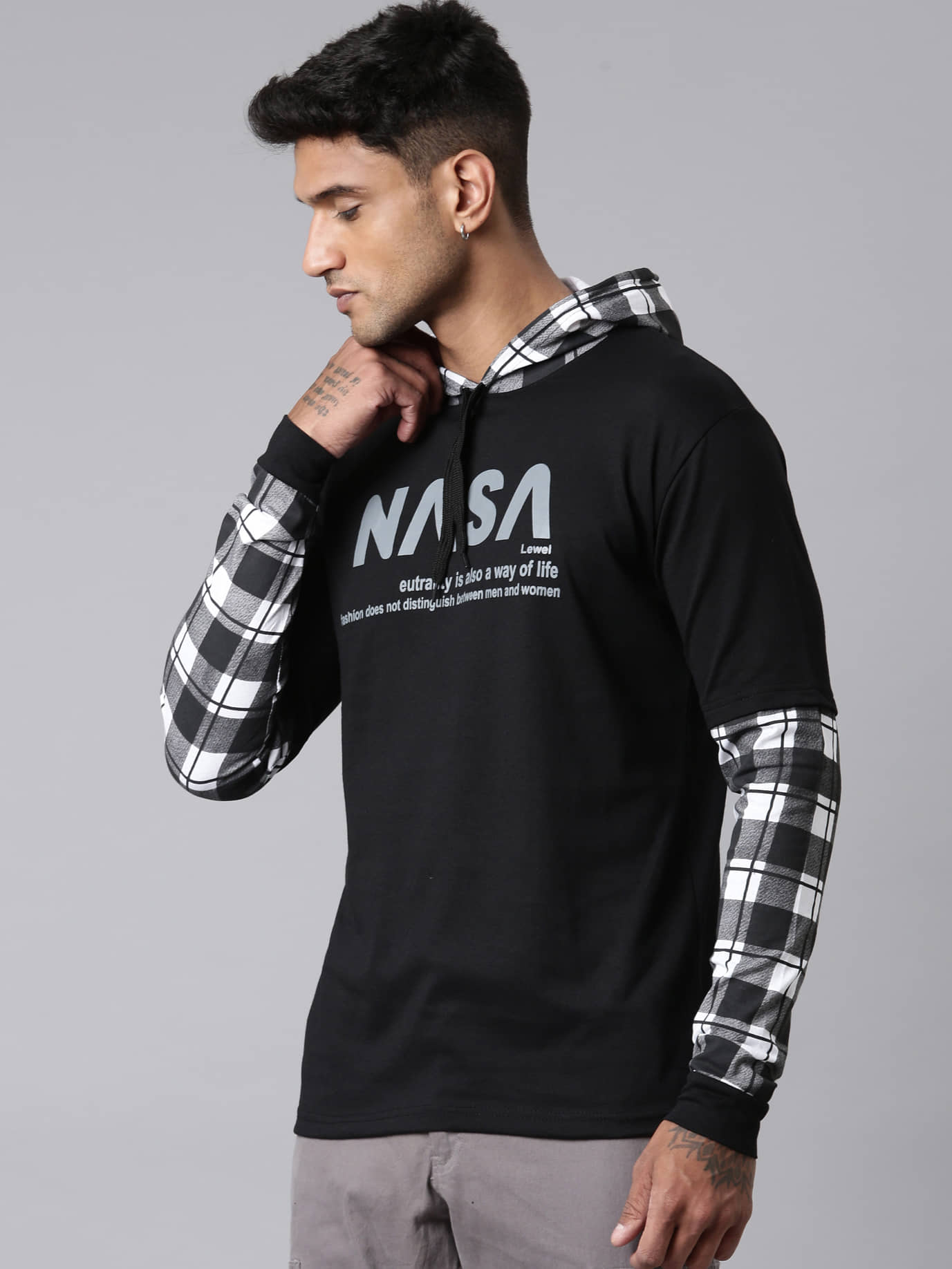 LEWEL Cotton Blend Slim Fit Checks Full Sleeves Men's Hooded T-Shirt - Multicolor ( Pack of 1 )