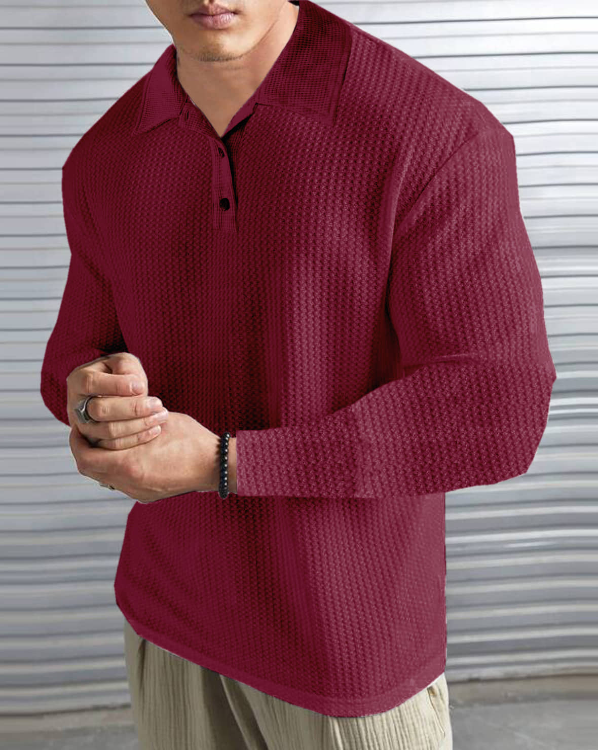 LEWEL Pack of 1 Polyester Regular Fit Self Design Full Sleeves Men's Polo T Shirt ( Green )